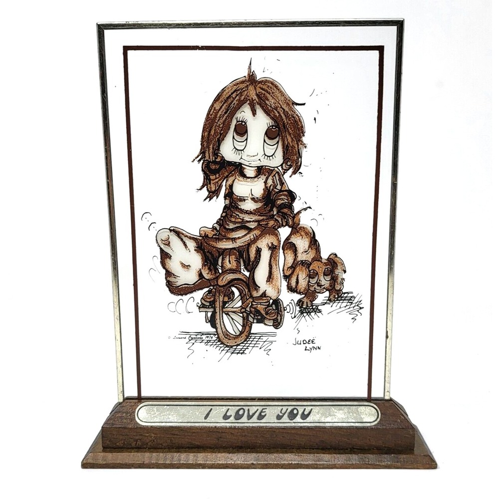 Rare Vintage LEONARD CREATIONS Glass Wooden Tricycle Art Plaque I LOVE YOU